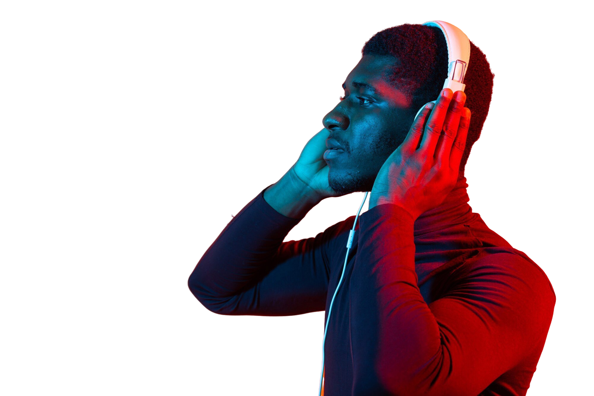 Young African listener wearing headphones in neon music lighting